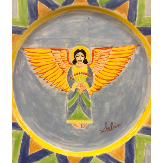 Postmodern Mark Sabin Signed Folk Art Angel Hand-Painted Ceramic Plate For Sale - Image 3 of 6