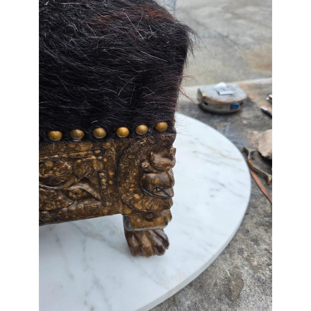 White Oriental Carved Footstool With Cow Leather. For Sale - Image 8 of 11