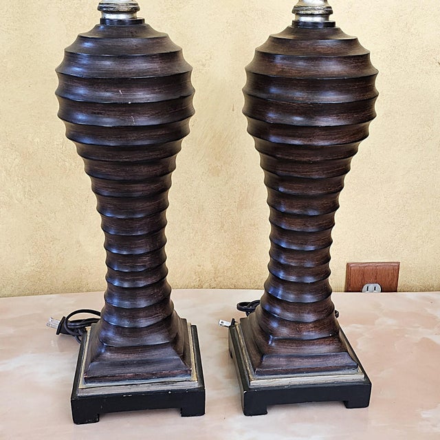 Vintage Uttermost Carved Wood-Finish Urn Table Lamps With Damask Shades – Pair For Sale In Washington DC - Image 6 of 18
