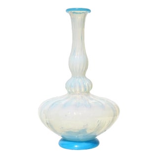 Murano Vintage Sky Blue Trim White Opalescent Body Italian Art Deco Glass Pleated Flower Vase For Sale