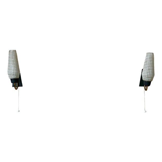 Mid-Century French Modernist Wall Sconces in Black and Gilt Metal and Printed Glass, 1950s, Set of 2 For Sale