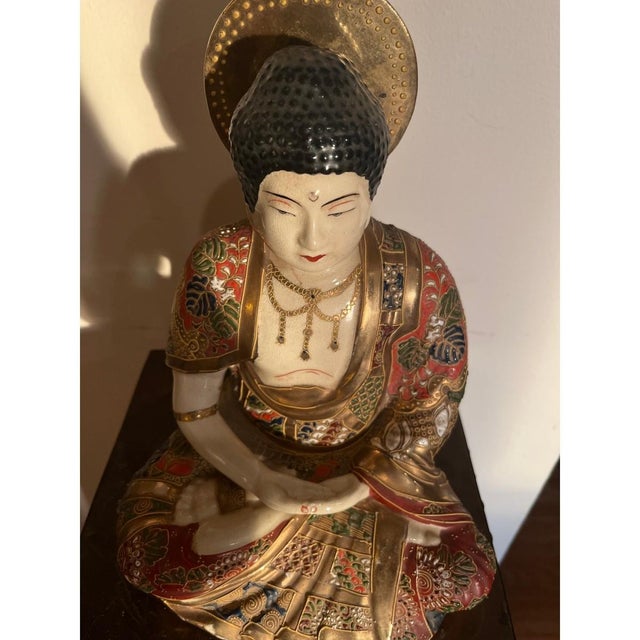 Vintage Japanese Satsuma Porcelain Buddha Moriage Gilt Statue 10" Immortal For Sale - Image 12 of 14