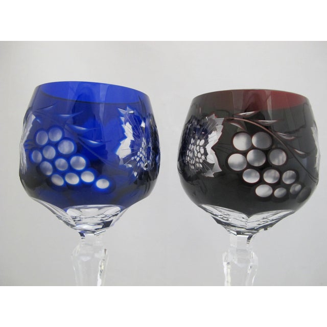Bohemian Cobalt Blue & Red Grape Cut Crystal 8 1/2" Hock Wine Glass Pair For Sale - Image 9 of 15