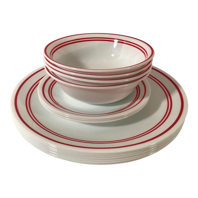 vintage red stripe white corelle dinnerware set of 14