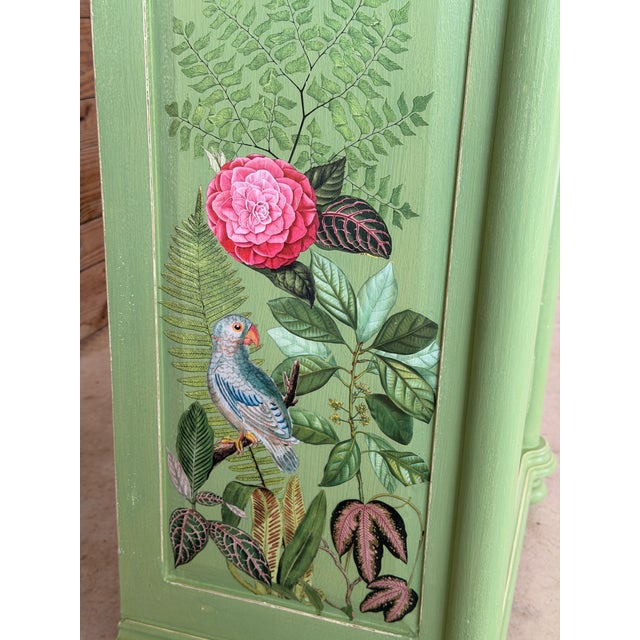 Celadon Habersham Cabinet Custom Painted With Tropical Birds and Leopards For Sale - Image 8 of 11