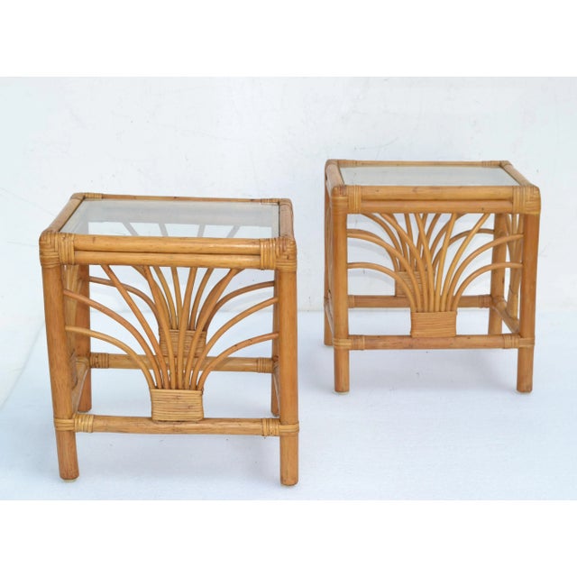 Vintage 1970 Bohemian Handmade Bamboo, Reed, Cane & Glass Top Side Table, Pair For Sale - Image 12 of 13