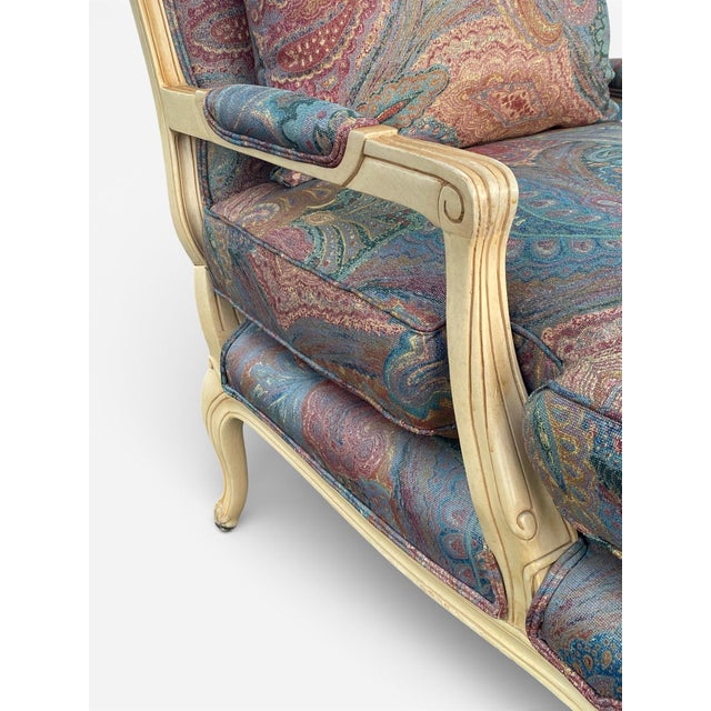 French Country Custom Upholstered Paisley French Country Bergere Chair and Ottoman by Beverley Interiors "Stewart Collection" For Sale - Image 3 of 13