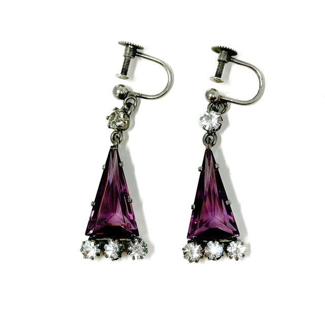 Art Deco Silver, Purple Triangular Glass and Paste Necklace and Earrings, 1920s, Set of 2 For Sale - Image 12 of 17