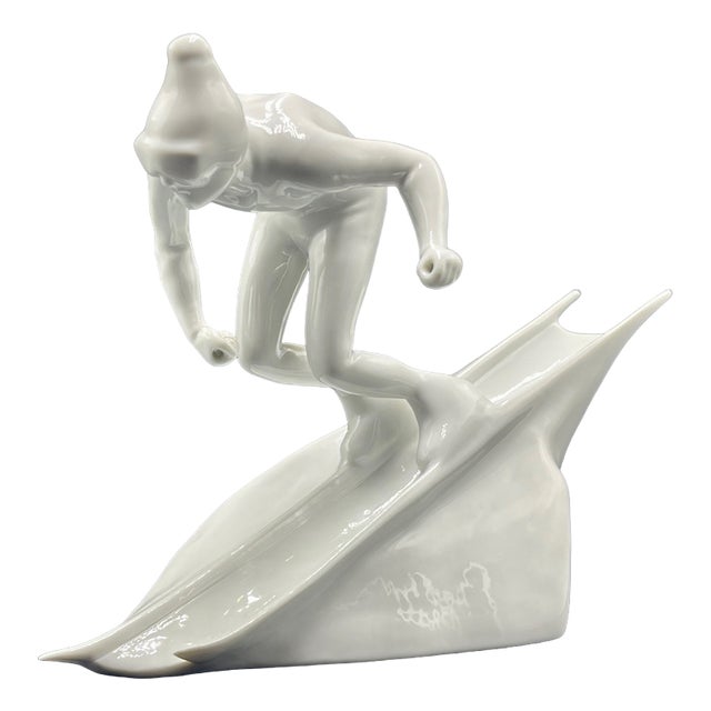 Vintage Slalom Skier Figure in Porcelain from Royal Dux, 1950s For Sale