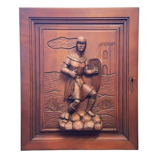 Antique Architectural Panel Carved Wood Medieval Knight, 1950s For Sale