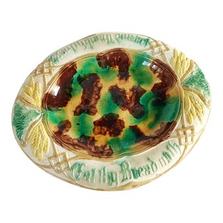 Antique 19th Century Majolica "Eat Thy Bread..." Tray With Wheat Pattern and Mottled Center, Rare For Sale