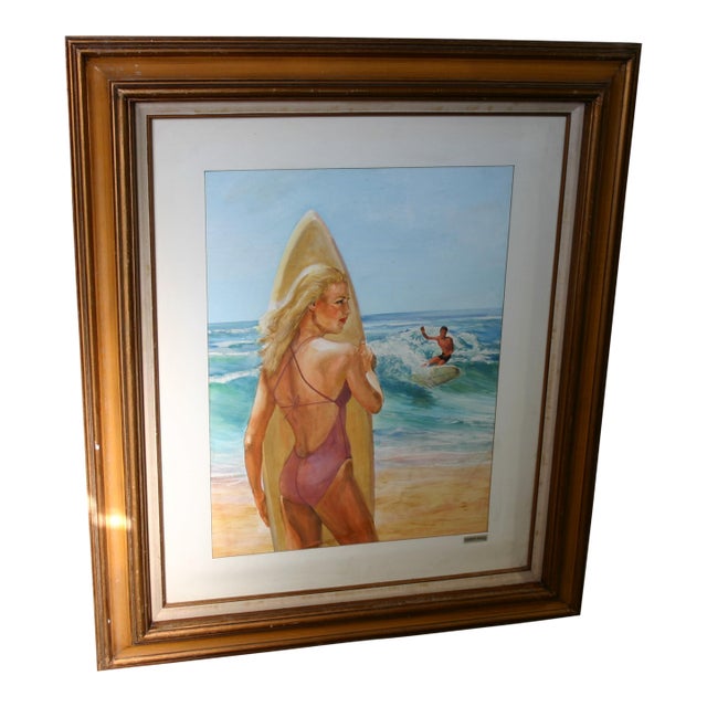 1960s Watercolor - Surfer Girl - Beach Scene For Sale