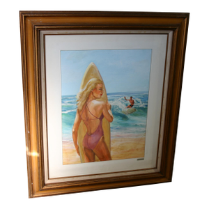 1960s Watercolor - Surfer Girl - Beach Scene