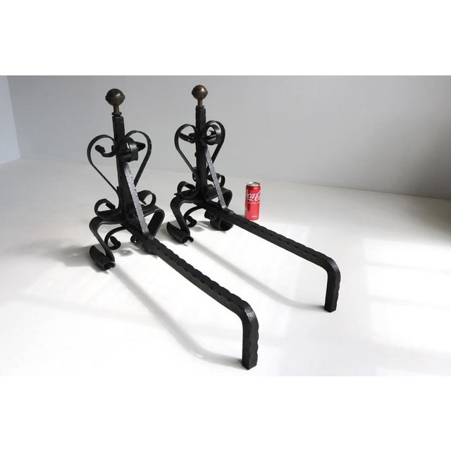 Antique Hand-Forged Wrought Iron Andirons, 1890s, Set of 2 For Sale - Image 11 of 13