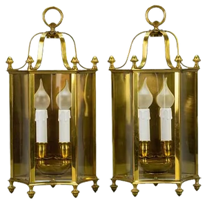 Vintage Brass and Glass Two-Light Wall Lanterns, Set of 2
