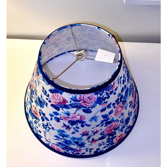 Brunschwig & Fils Floral Fabric Lampshades With Navy Velvet Trim, Styled After Brunschwig & Fils, a Pair (New) For Sale - Image 4 of 8