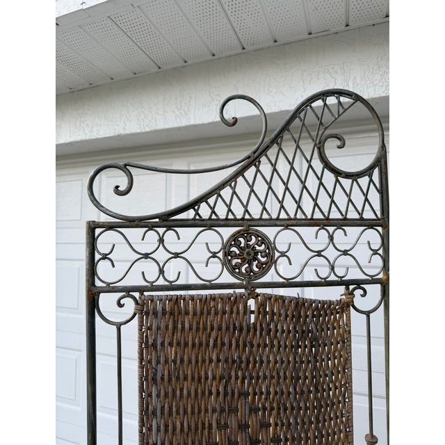 Vintage Wrought Iron & Woven Rattan Folding Room Divider Screen For Sale - Image 10 of 12