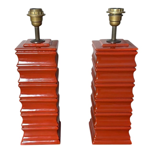 Pair of 1970s Artisan Italian Red Glazed Ceramic Lamps For Sale