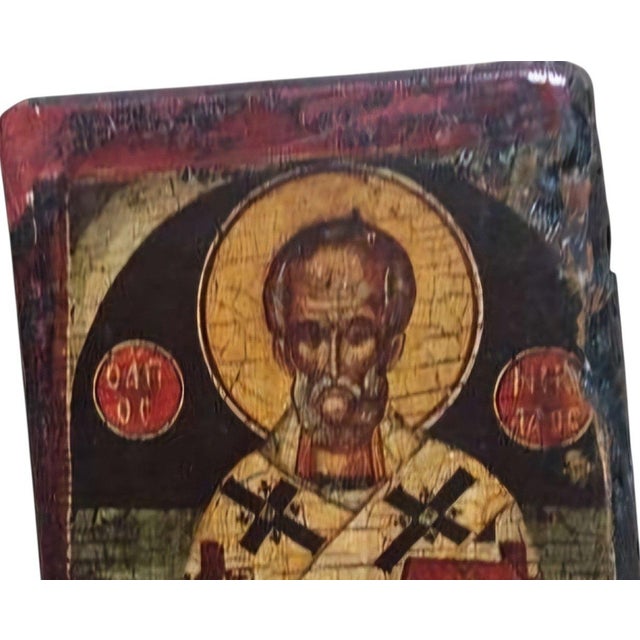 Folk Art Antique Greek Portable Travel Icon of Saint Antipas in Wood, 18th Century Post-Byzantine. For Sale - Image 3 of 7