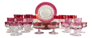 Tiffan-Franciscan Pink Cranberry King's Crown Flashed Plate & Glassware Set - Set of 31