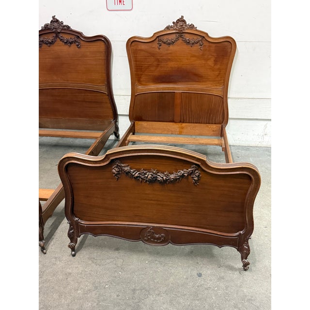 Twin Size Louis XV Style Antique Carved Wood Bed Frames, Pair For Sale - Image 4 of 12