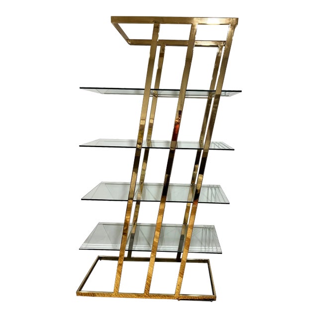 Angular Brass Etagere With Glass Shelves Hollywood Regency 1970s Vintage For Sale