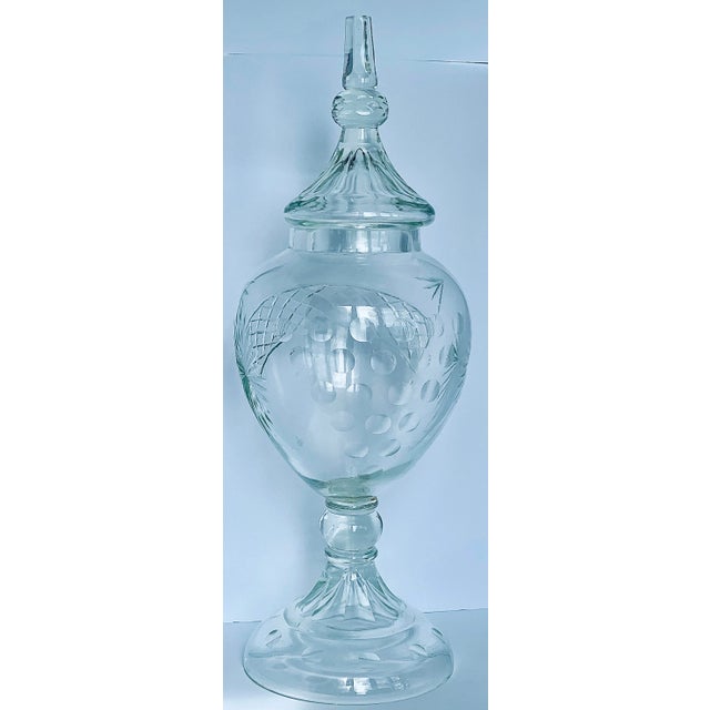 English Monumental English Antique Late 19th Century Blown Cut-Glass Apothecary Jar With Faceted Finial Cover For Sale - Image 3 of 13