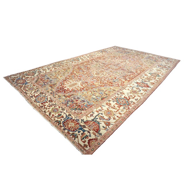 Persian Antique Persian Heriz Wool 11X19 Rust, Ivory & Blue Handmade Area Rug #1140939 For Sale - Image 3 of 17