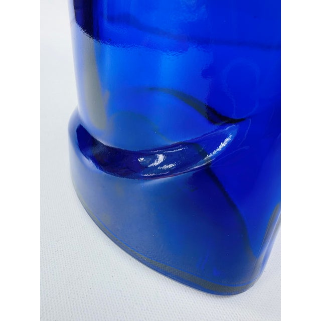 Royal Blue Vintage Cobalt Blue Flattened Glass Bottle Vase 19 Inch For Sale - Image 8 of 9