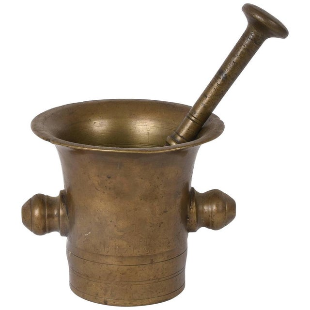 Metal Antique Handmade Bronze Mortar with Pestle, Set of 2 For Sale - Image 7 of 7