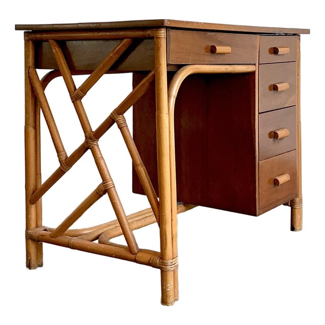 Vintage Chinese Chippendale Bamboo Writing Desk For Sale