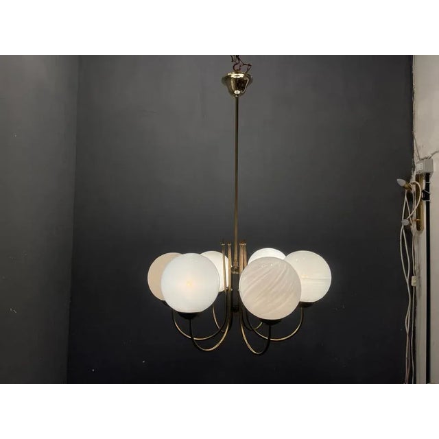 1950s Opaline Glass and Brass Chandelier, 1950s For Sale - Image 5 of 10