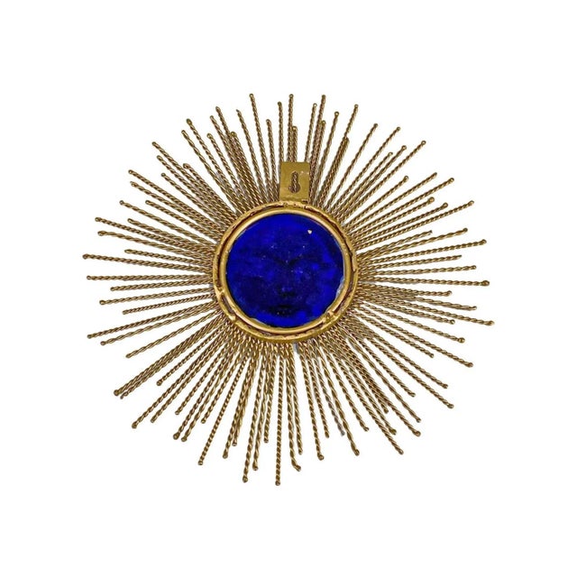 French Mid Century Cobalt Blue Glass and Gilt Metal Solar Wall Plaque For Sale - Image 3 of 6
