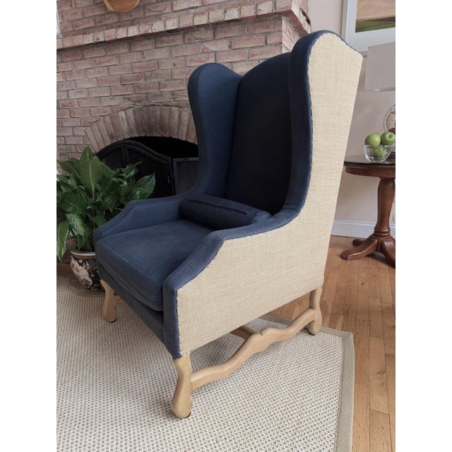 Custom Two-Toned Wingback Chair by Restoration Hardware in Navy Blue, Nail-Head Trim For Sale In New York - Image 6 of 18