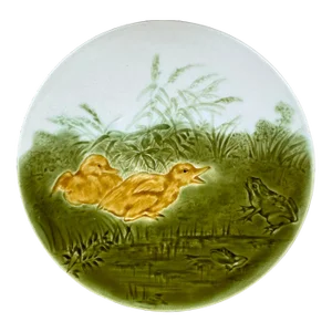 French Majolica Ducklings With Frog Plate Sarreguemines, Circa 1890