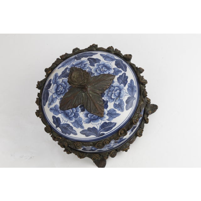 Vintage Maitland-Smith Blue and White Porcelain Box With Brass Hand Painted Floral Details For Sale - Image 9 of 13