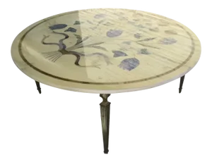Vintage Round Brass Legged Marble Coffee Table with Painted Bouquet