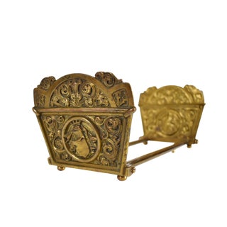 1920s Antique Solid Brass Shield Crown Folding Sliding Bookends For Sale