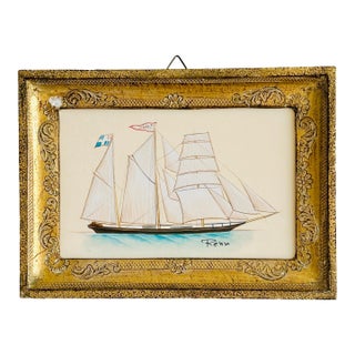 Original Hand-Painted Sailboat Painting in a Vintage Italian Frame For Sale