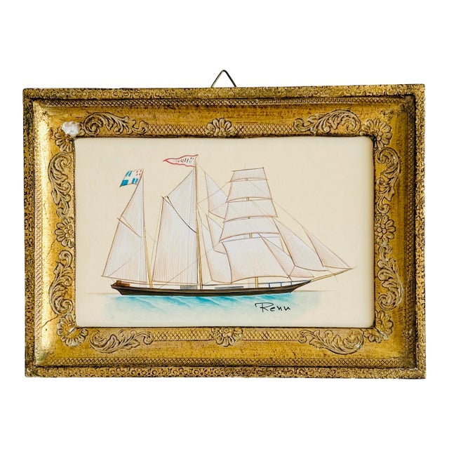 Original Hand-Painted Sailboat Painting in a Vintage Italian Frame For Sale