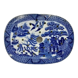 Antique Blue Willow Meat Platter Drainer Made in England - Circa 19th Century