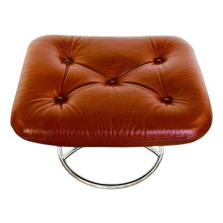 Vintage Norwegian Ekornes Cognac Leather & Chrome Swivel Ottoman from Stressless, 1970s For Sale
