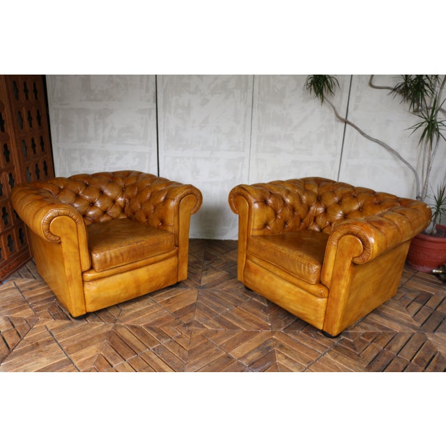 Vintage Pair of Brown Honey Leather Chesterfield Club Chairs — England, Circa 1950 For Sale - Image 4 of 18