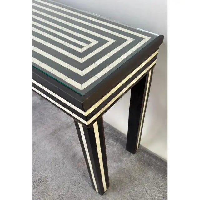 Art Deco Style Black & White Resin Inlay Console Table W Concentric & Glass Top For Sale In New York - Image 6 of 11