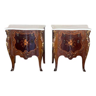 Early 20th Century French Louis XV Marquetry Marble-Top Nightstand or Side Tables, A Pair For Sale