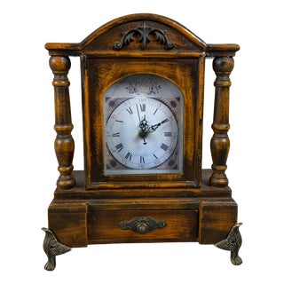 Vintage Table Clock Support Pendulum Temple Wood Columns Drawer For Sale