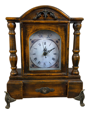 Vintage Table Clock Support Pendulum Temple Wood Columns Drawer