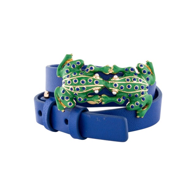 Contemporary Tory Burch Frog Faux Pearl Enamel Leather Double Wrap Bracelet New For Sale - Image 3 of 14