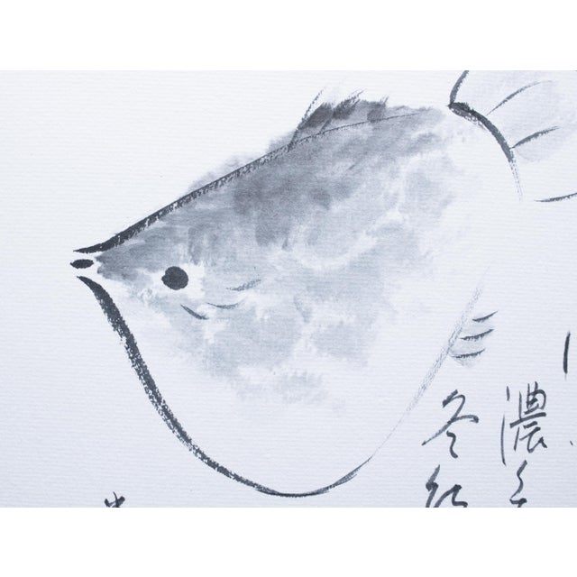 Late 20th Century "Turbot Flatfish", Heisei Era Japanese Monochrome Watercolor Painting For Sale - Image 5 of 15