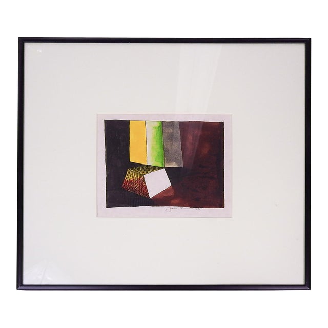 1983 Abstract Block Watercolor and Ink Painting For Sale